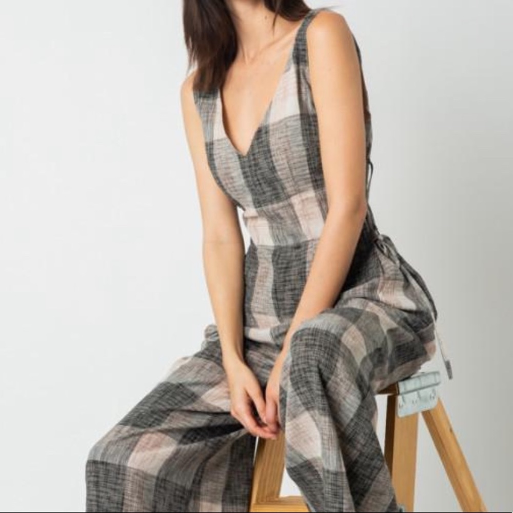Plaid V-Neck Wide Leg Jumpsuit - Black Blush